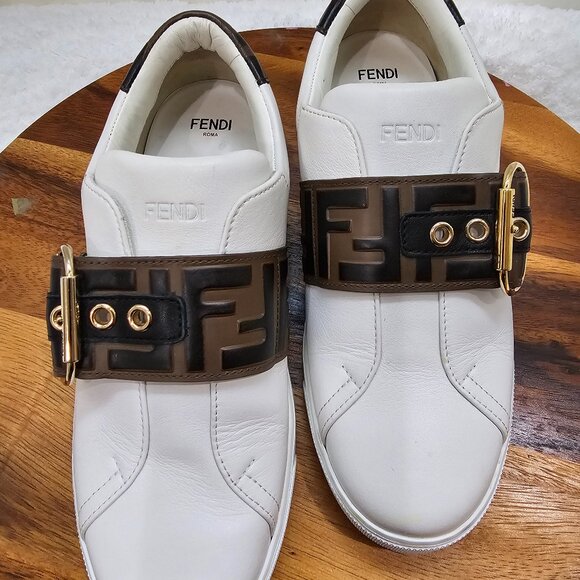 Fendi Shoes - Fendi Logo Strap Leather Sneakers – FF Embossed Ultra White Maya, Size 7.5